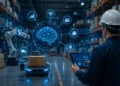 BCI NAVI AI-powered smart warehouse with robotics, real-time data visualization, and worker using a tablet for supply chain operations