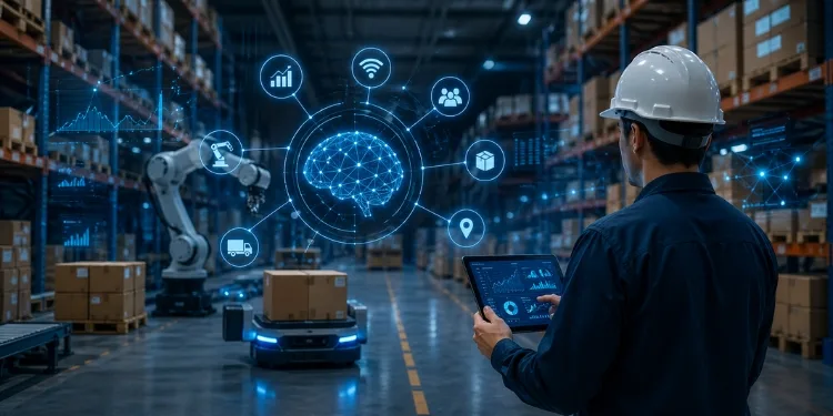 BCI NAVI AI-powered smart warehouse with robotics, real-time data visualization, and worker using a tablet for supply chain operations