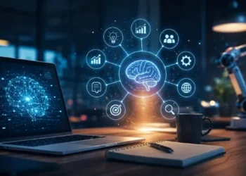 AI Business Ideas workspace with futuristic AI dashboard, laptop, and automation technology setup