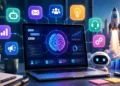 AI Tools for Startups displayed in a futuristic workspace with automation dashboards, chatbot assistants, analytics charts, and productivity software.