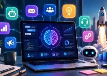 AI Tools for Startups displayed in a futuristic workspace with automation dashboards, chatbot assistants, analytics charts, and productivity software.