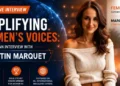 Amplifying Women's Voices editorial banner featuring FemFounder and Marquet Media branding with a modern women entrepreneurship theme