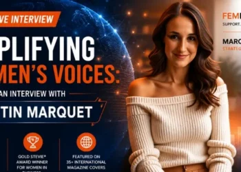 Amplifying Women's Voices editorial banner featuring FemFounder and Marquet Media branding with a modern women entrepreneurship theme