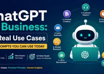 ChatGPT for Business concept image showing AI-powered business tasks like customer support, content creation, sales, HR, and marketing automation.