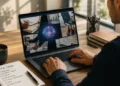 Generative AI for Business professional using AI tools for marketing, sales, HR, and data analysis on a laptop