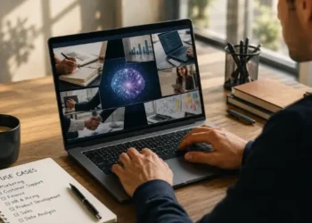Generative AI for Business professional using AI tools for marketing, sales, HR, and data analysis on a laptop