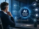 CEO AI decision-making concept showing a business leader evaluating AI strategy, governance, investment, risk, and business growth through a digital interface.