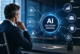 CEO AI decision-making concept showing a business leader evaluating AI strategy, governance, investment, risk, and business growth through a digital interface.