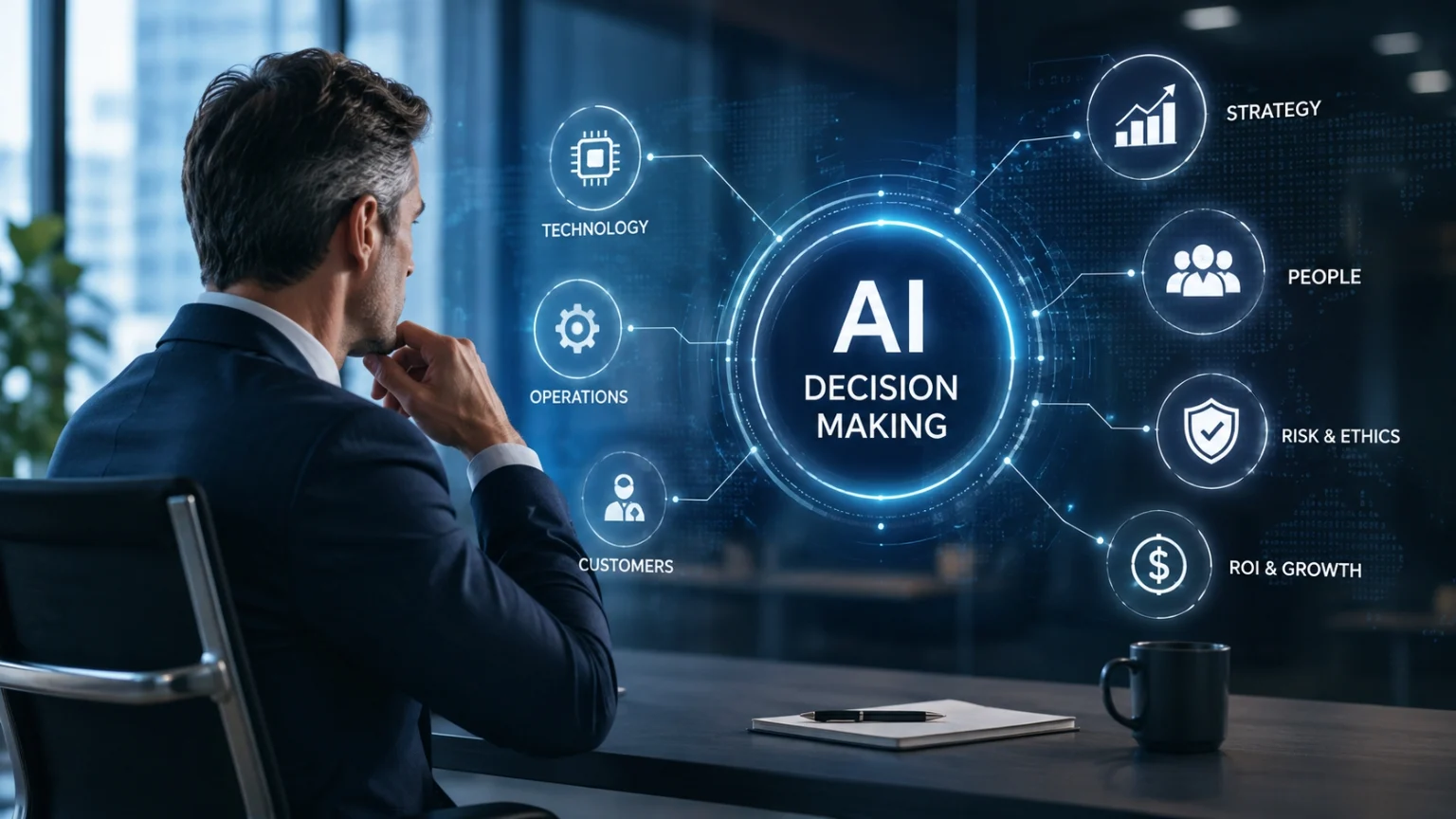 CEO AI decision-making concept showing a business leader evaluating AI strategy, governance, investment, risk, and business growth through a digital interface.