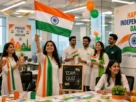 Independence Day Celebration Ideas for Office with employees celebrating in a modern workplace featuring the Indian flag, tricolour decorations, team-building activities, and a patriotic office atmosphere.