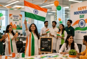 Independence Day Celebration Ideas for Office with employees celebrating in a modern workplace featuring the Indian flag, tricolour decorations, team-building activities, and a patriotic office atmosphere.