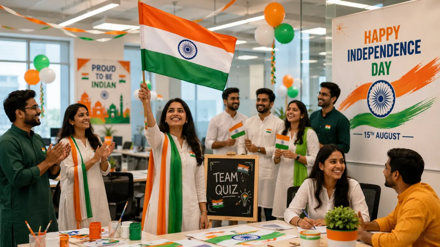 Independence Day Celebration Ideas for Office with employees celebrating in a modern workplace featuring the Indian flag, tricolour decorations, team-building activities, and a patriotic office atmosphere.