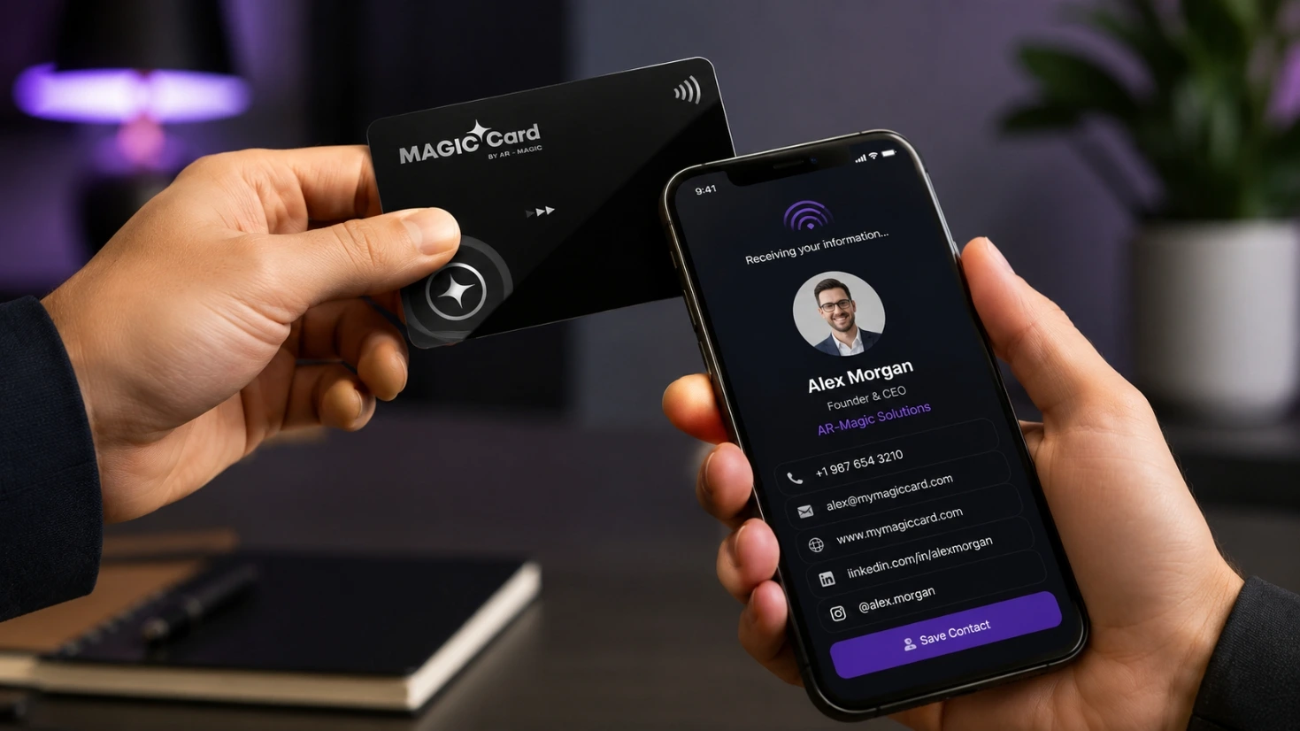 Magic Card NFC business card sharing contact details with a smartphone