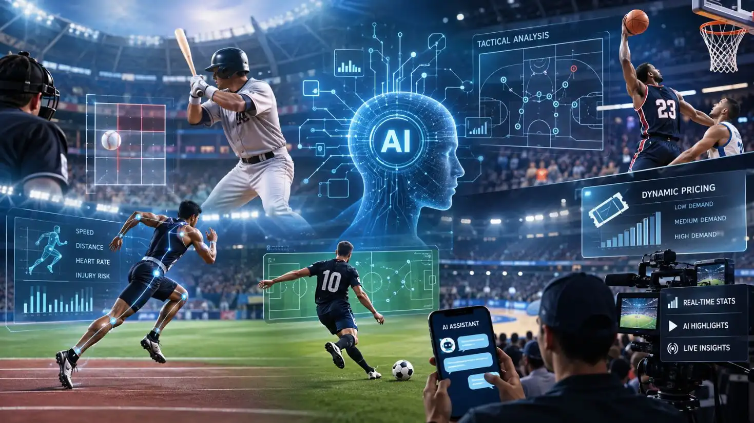 AI data overlay analyzing player movement on a professional sports field