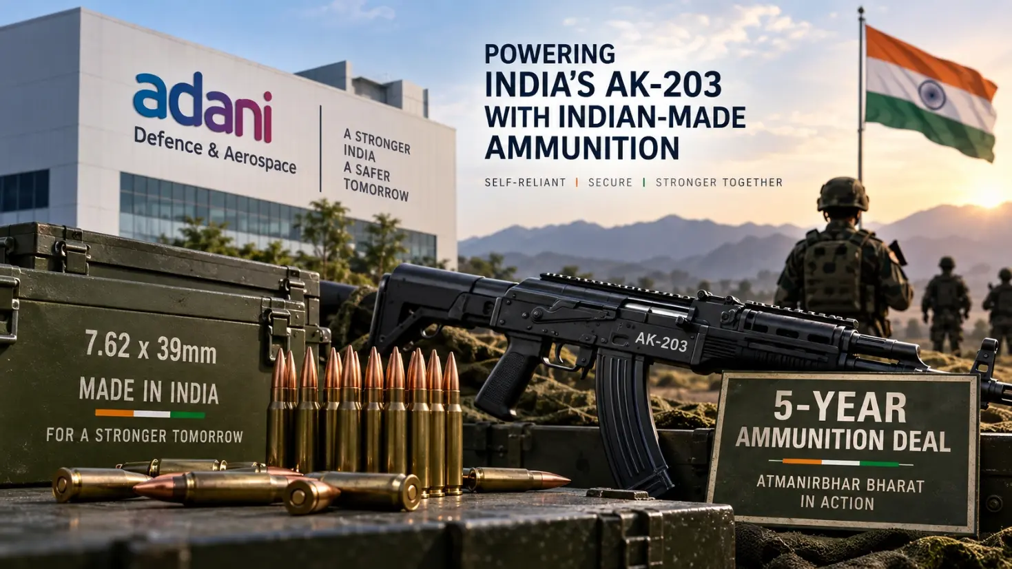 Adani Defence AK-203 ammunition supply deal announcement graphic