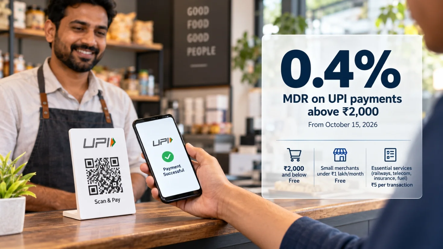 UPI MDR 2026 - merchant scanning UPI QR code payment on smartphone, India