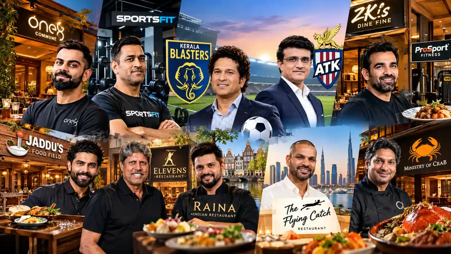 Graphic listing 10 cricketers who own restaurants, gyms or sports franchises