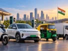 India EV industry - Electric scooters and three-wheelers charging at an urban station in India, showing the country’s growing EV industry