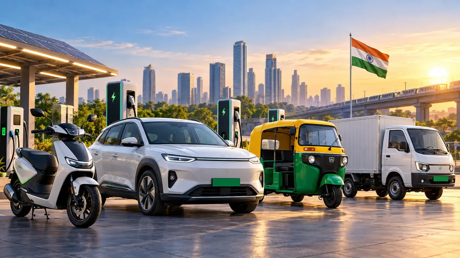 India EV industry - Electric scooters and three-wheelers charging at an urban station in India, showing the country’s growing EV industry