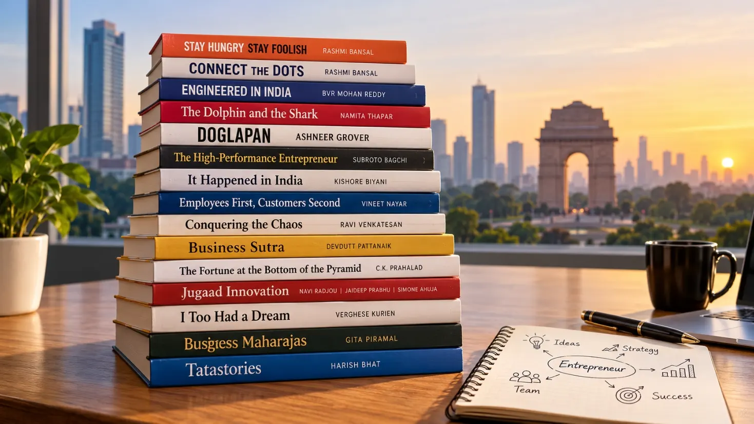 Stack of Indian business books for aspiring entrepreneurs on a wooden desk