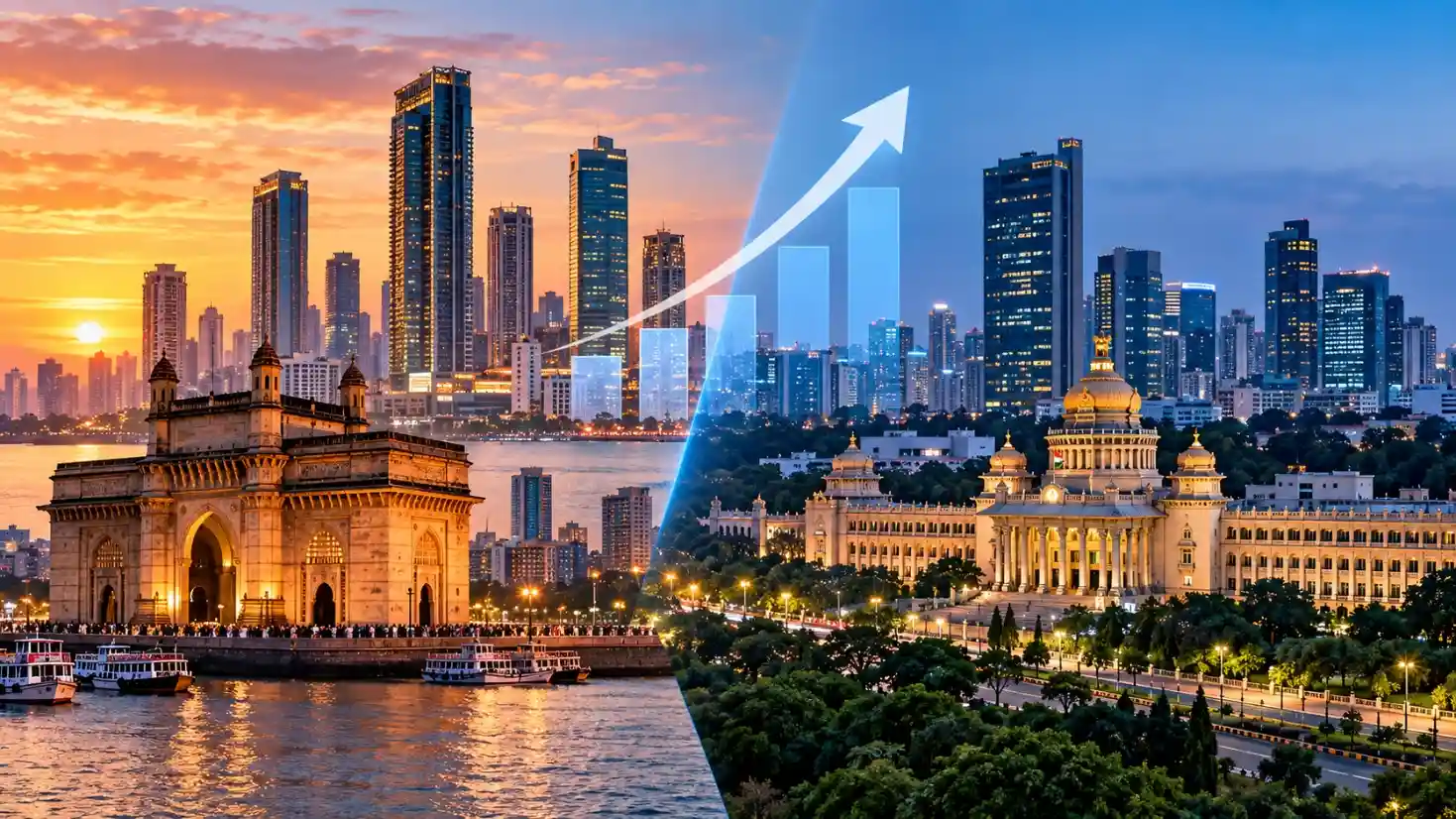 Mumbai vs Bengaluru startup funding bar chart, India 2024 to 2026