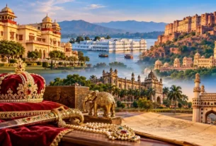 Royal Families in India - Illuminated Umaid Bhawan Palace in Jodhpur, one of the royal palaces of India now run partly as a heritage hotel