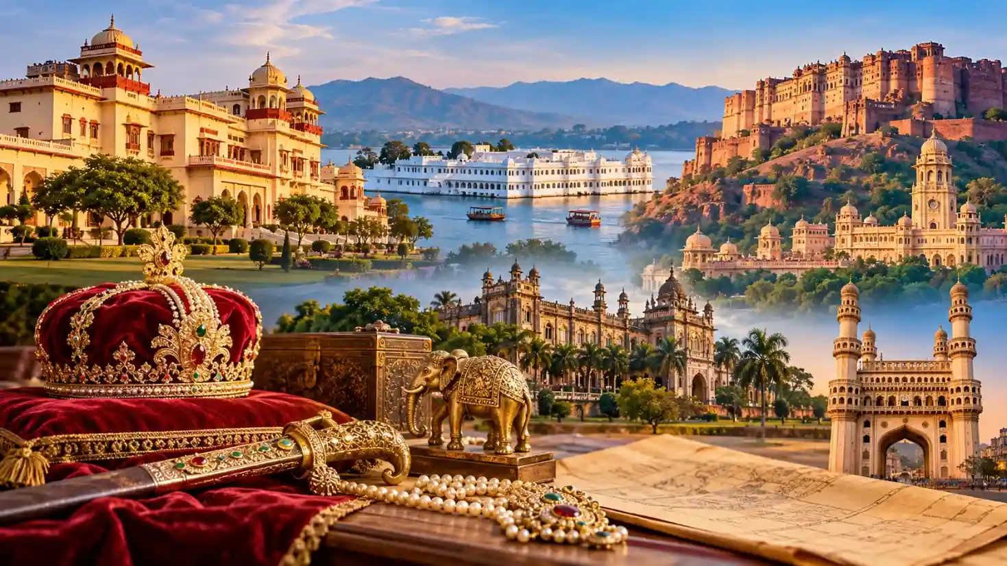 Royal Families in India - Illuminated Umaid Bhawan Palace in Jodhpur, one of the royal palaces of India now run partly as a heritage hotel