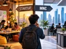 Split graphic comparing a startup office on one side and a large MNC corporate tower on the other