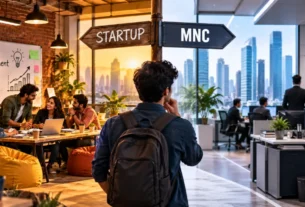 Split graphic comparing a startup office on one side and a large MNC corporate tower on the other