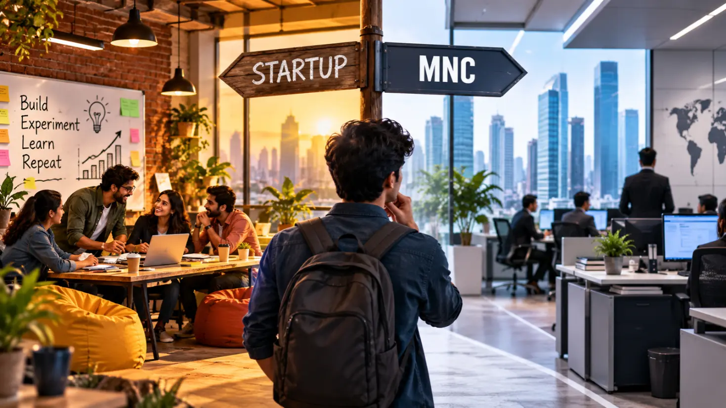 Split graphic comparing a startup office on one side and a large MNC corporate tower on the other