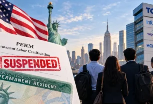 US Green Card Suspension - US green card beside a laptop, illustrating the PERM suspension and its impact on Indian IT firms like TCS