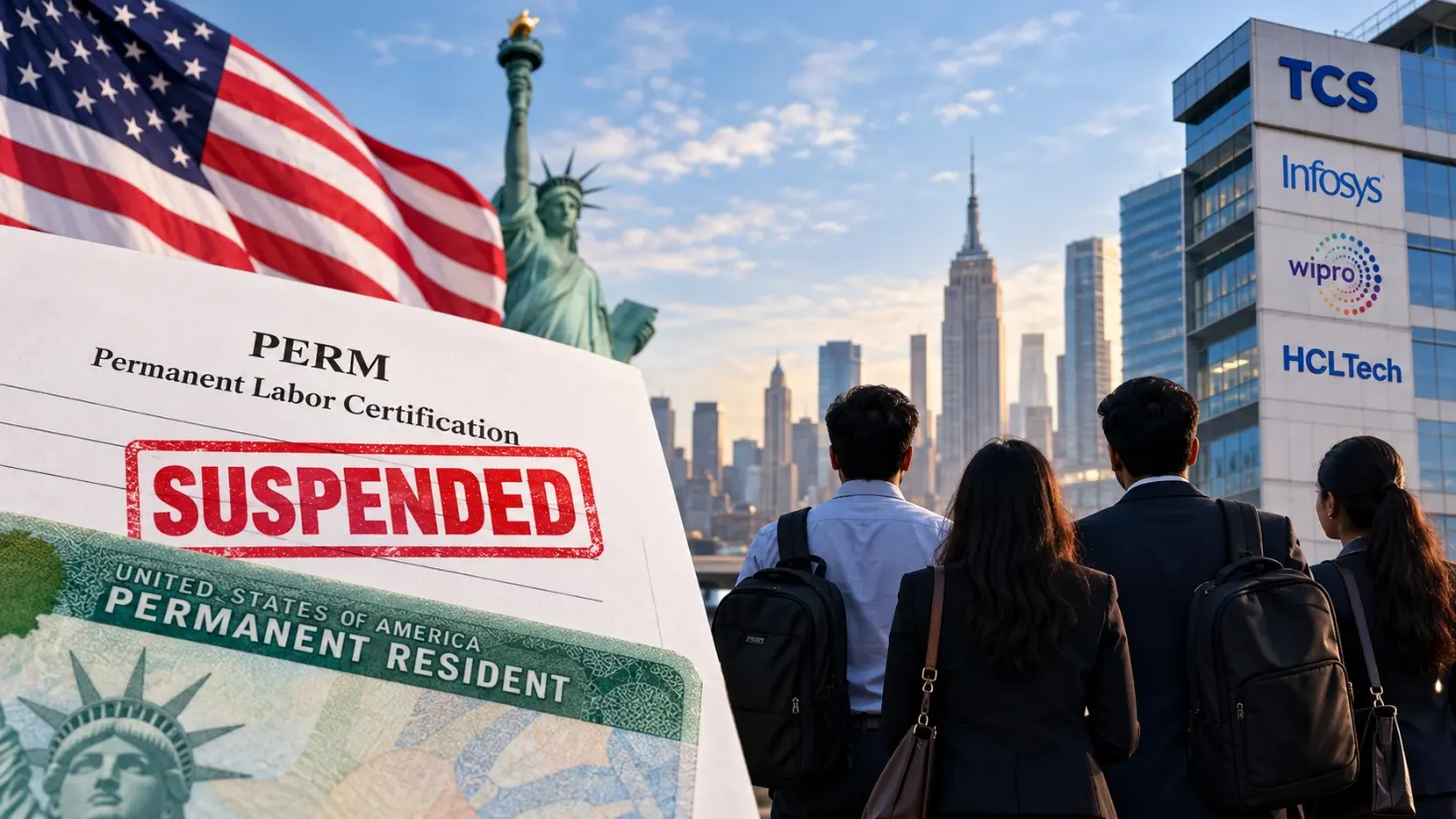 US Green Card Suspension - US green card beside a laptop, illustrating the PERM suspension and its impact on Indian IT firms like TCS
