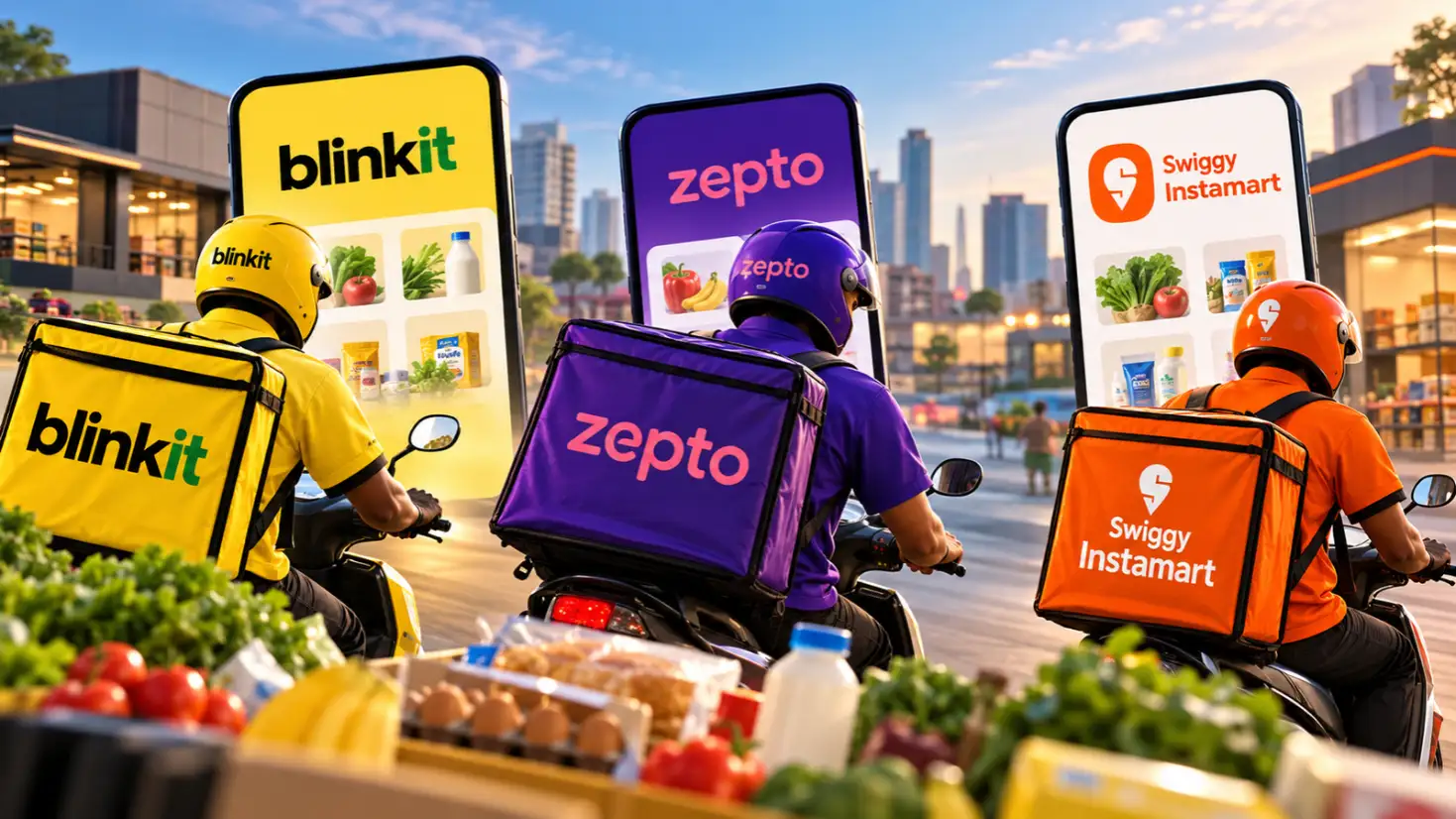 Zepto vs Blinkit vs Instamart delivery bags side by side, comparing India’s three big quick commerce apps