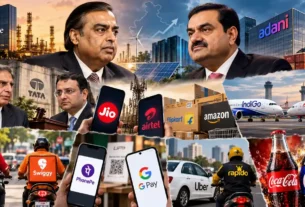 Graphic listing the 10 biggest business rivalries in India, including Ambani vs Adani and Jio vs Airtel