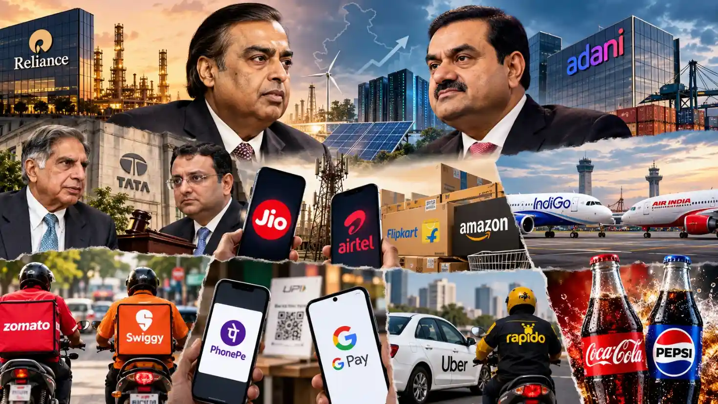 Graphic listing the 10 biggest business rivalries in India, including Ambani vs Adani and Jio vs Airtel