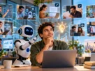 Entrepreneur reviewing AI workflow on laptop with team members in modern office