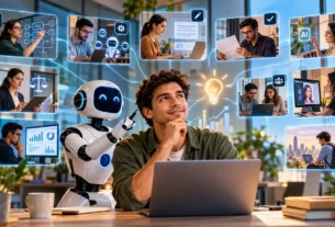 Entrepreneur reviewing AI workflow on laptop with team members in modern office
