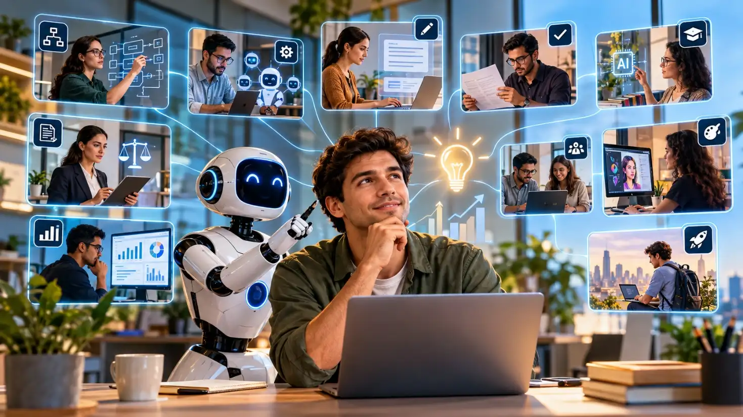 Entrepreneur reviewing AI workflow on laptop with team members in modern office
