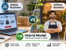 Split-screen illustration of a laptop showing an online store beside a physical shop storefront, comparing online vs offline business