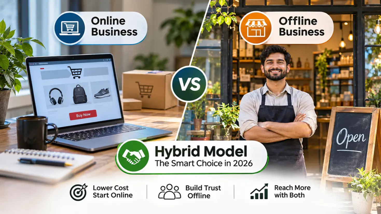Split-screen illustration of a laptop showing an online store beside a physical shop storefront, comparing online vs offline business