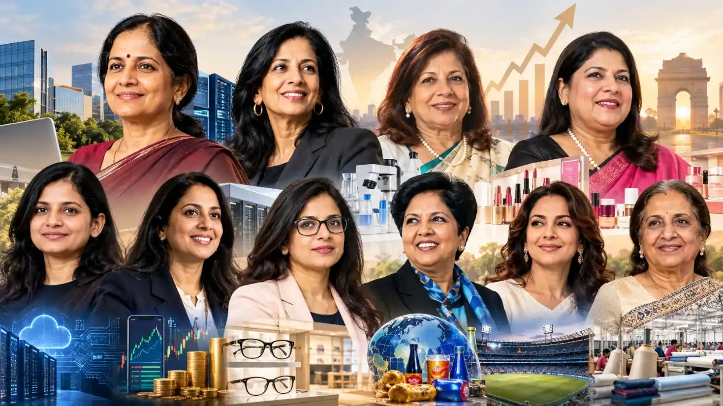 Graphic listing the top 10 richest self-made women in India and their businesses